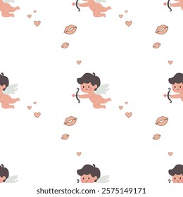 Seamless vector pattern in flat style with cute cherubs holding bows, golden hearts, and “love” text. Perfect for Valentine’s Day designs, gift wraps, greeting cards, and romantic decorations