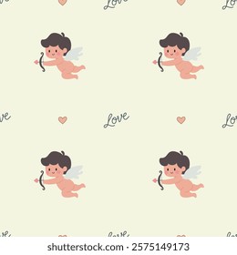 Seamless vector pattern in flat style with cute cherubs holding bows, golden hearts, and “love” text. Perfect for Valentine’s Day designs, gift wraps, greeting cards, and romantic decorations