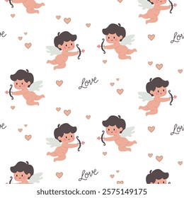 Seamless vector pattern in flat style with cute cherubs holding bows, golden hearts, and “love” text. Perfect for Valentine’s Day designs, gift wraps, greeting cards, and romantic decorations