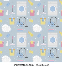 Seamless vector pattern in a flat style with tools for cleaning the house. Cleaning service.