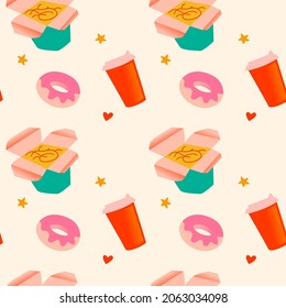 Seamless vector pattern. Flat trend graphics in muted colors. Street fast food