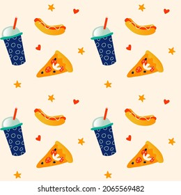 Seamless vector pattern. Flat trend graphics in muted colors. Street fast food