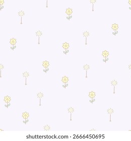 Padrão de vetor sem emenda com palha de dente-de-leão flutuante, flor e folhas. Design de fundo floral de primavera neutra quente para cartões, tecido, envoltório, têxteis, papel de parede e artigos de papelaria.