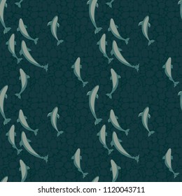 seamless vector pattern with a flock of beluga whales in the open ocean, clear sea water,