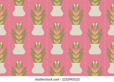 Seamless vector pattern with floral arrangement in a pot. Pink and green pastel wallpaper pattern.