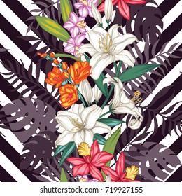 Seamless vector pattern. Floral background with tropical flowers, palm leaves, jungle leaf, hibiscus. Exotic wallpaper. Hand painted illustration on geometric background