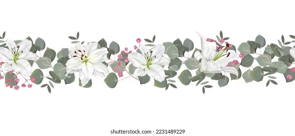 Seamless vector pattern. Floral border. Green eucalyptus, White Lilies, pink gypsophila. 