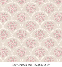 Seamless vector pattern with floral bouquets arranged in scallop fan arches decorated with zigzag rickrack trim. Soft pastel pink flowers on warm beige background in cottagecore shabby chic style.