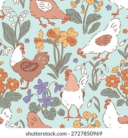 Nahtloses Vektormuster mit floralen Hühnern und Frühlingsblumen. Handgezeichneter floraler Hintergrund mit weißer Henne. Perfekt für Textil-, Tapeten- oder Kinderzimmer-Print-Design. 