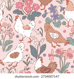 Seamless vector pattern with floral chickens and spring flowers. Hand drawn floral background with white hen. Perfect for textile, wallpaper or nursery print design. 