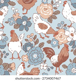Seamless vector pattern with floral chickens and summer flowers. Hand drawn floral background with white hen. Perfect for textile, wallpaper or nursery print design. 