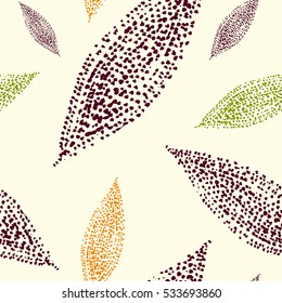 Seamless vector pattern of floral color elements on pastel yellow background. Leaves of many points made by using thin brush and watercolor. Chaotic direction and different shape size.
