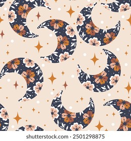 Seamless vector pattern with floral crescent. Boho pattern for astrology, textiles, wrapping paper, design.