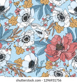 Seamless vector pattern. Floral design - peonies and gerberas