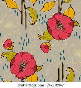 Seamless vector pattern with floral design with alcea rosea flower for paper cover, backgrounds and textile