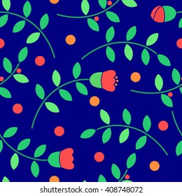 Seamless vector pattern with floral elements on the dark blue background. Pattern created with green branches with leaves, red flowers and dots. Good for wrapping paper, web-site backgrounds, textile.