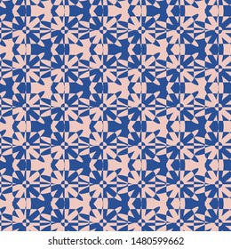 A seamless vector pattern with floral and geometric shapes in pink and indigo blue. Surface print design.