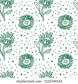 Seamless vector pattern floral green line on white background for saint patrick's day.  Summer print, botanical, hand drawn.  Designs for textiles, fabric, wrapping paper, packaging, scrapbooking.