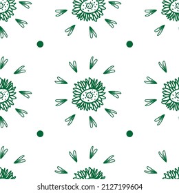 Seamless vector pattern floral green line on white background for saint patrick's day.  Summer print, botanical, hand drawn.  Designs for textiles, fabric, wrapping paper, packaging, scrapbooking.