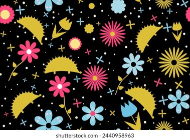 Seamless vector pattern. Floral seamless pattern. Hedgehogs among the flowers. Background vector illustration.