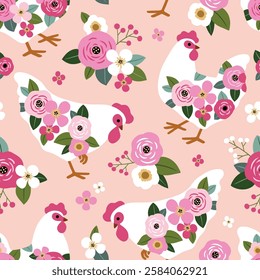 Seamless vector pattern with floral hen and summer flowers. Hand drawn floral background with white chickens. Perfect for textile, wallpaper or nursery print design. EPS10 vector file.