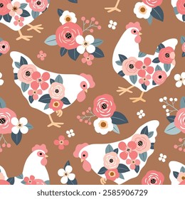 Seamless vector pattern with floral hen and summer flowers. Hand drawn floral background with white chickens. Perfect for textile, wallpaper or nursery print design. EPS10 vector file.