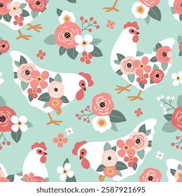 Seamless vector pattern with floral hen and summer flowers. Hand drawn floral background with white chickens. Perfect for textile, wallpaper or nursery print design. EPS10 vector file.