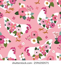 Seamless vector pattern with floral hen and summer flowers. Hand drawn floral background with white chickens. Perfect for textile, wallpaper or nursery print design. EPS10 vector file.