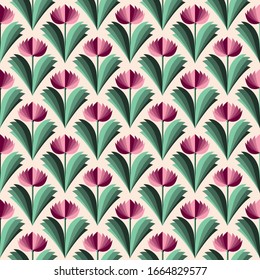 Seamless vector pattern with floral motif in minimalist style. Leaves and petals in varying shades of green and pink form tiling elements shapes as diamonds. Elegant design for wrapping and textiles.