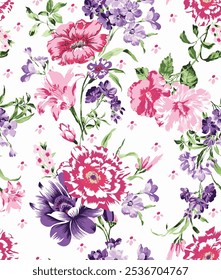 Seamless vector pattern with floral motif.hand painted pink botanical flower with small flower arrangements.  vintage watercolor flower arrangements.repeating print for fabric, wallpaper,fashion print