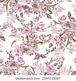 Seamless vector pattern with floral motif.hand drawn pink botanical small flower arrangements.vintage watercolor flower arrangements.repeat pattern. design for fabric, wallpaper,fashion print,textile.