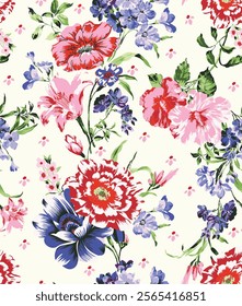 Seamless vector pattern with floral motif.hand painted pink botanical flower with small flower arrangements. vintage watercolor flower arrangements.repeating print for fabric, wallpaper,fashion print