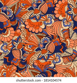 seamless vector pattern with floral motifs in orange and blue tones