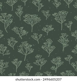 
Seamless vector pattern with floral motifs in green tones. Hand-drawn vector tansy inflorescences of different sizes and small specks.