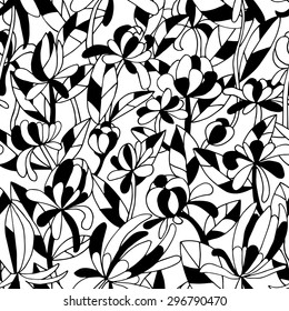 Seamless vector pattern with floral motive. Simple flowes with stems and leaves.