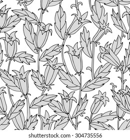 Seamless vector pattern with floral motive. Bluebells with stems and leaves to form elegant simple pattern.
