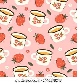 Seamless vector pattern with floral mugs and strawberries. Country style pink background with cute cups. Cottagecore texture for wallpaper, wrapping paper, textile design