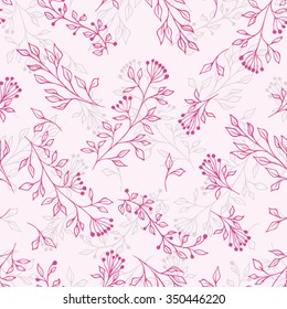 Seamless vector pattern with floral ornament. Floral ornament with pink branches on the rose-color background. Pattern for textile, wrapping paper, wallpaper, etc.