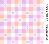 Seamless vector pattern with floral print for spring summer in pastel gradient purple, pink, orange, white. Seamless gingham vichy tartan check plaid for Easter gift paper, other fashion fabric print.