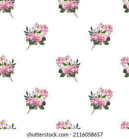 Seamless vector pattern with floral print. Cute pink garden flowers on a white background. Design for cloth, wallpaper, gift wrapping.