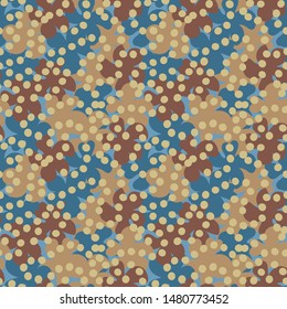 A seamless vector pattern with floral shapes and golden dots. Surface print design.