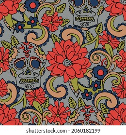 Seamless vector pattern with floral skull on grey background. Busy Mexico flower wallpaper design. Decorative Gothic fashion textile.