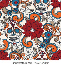 Seamless vector pattern with floral skull on white background. Busy Mexico flower wallpaper design. Decorative Halloween fashion textile.