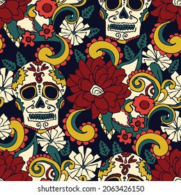 Seamless vector pattern with floral skull on dark blue background. Mexico Halloween wallpaper design. Decorative tradition fashion textile.