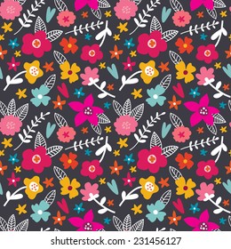 Seamless vector pattern  in floral style with colorful flowers and leaves. Doodle style.