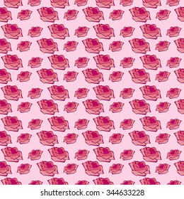 Seamless vector pattern, floral symmetrical background with roses over pink backdrop.