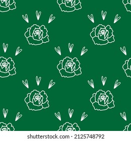 Seamless vector pattern floral white line on green background for Saint Patrick's day.Summer print, botanical doodle hand drawn. Designs for textiles,fabric,wrapping paper,packaging,scrapbooking.