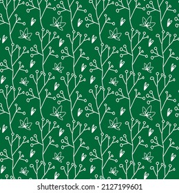 Seamless vector pattern floral white line on green background for Saint Patrick's day.Summer print, botanical doodle hand drawn. Designs for textiles,fabric,wrapping paper,packaging,scrapbooking.