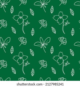 Seamless vector pattern floral white line on green background for Saint Patrick's day.Summer print, botanical doodle hand drawn. Designs for textiles,fabric,wrapping paper,packaging,scrapbooking.