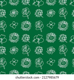 Seamless vector pattern floral white line on green background for Saint Patrick's day.Summer print, botanical doodle hand drawn. Designs for textiles,fabric,wrapping paper,packaging,scrapbooking.